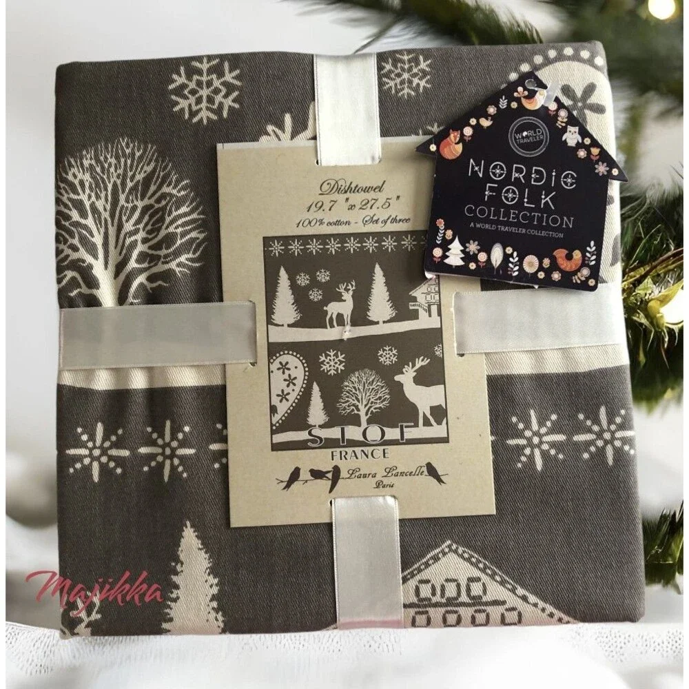 Stof Christmas Tree Reindeer Fabric Napkins Gray White Scandinavian Set of 4